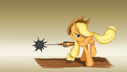 Size: 4800x2700 | Tagged: safe, artist:flamevulture17, applejack, earth pony, pony, flail, solo, weapon