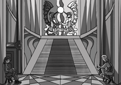 Size: 500x350 | Tagged: safe, artist:dantheman, princess celestia, princess luna, alicorn, human, pony, fanfic:chrysalis visits the hague, armor, black and white, canterlot, canterlot castle, castle, chair, clothes, contrast, door, fanfic, fanfic art, female, fimfiction, fimfiction.net link, glass, grayscale, helmet, hoofbump, human in equestria, looking at each other, mare, monochrome, mosaic, palace, pillar, royal guard, royal guard armor, scroll, sitting, smiling, stained glass, staircase, suit, sweater, tile, tired, waiting, window, woman