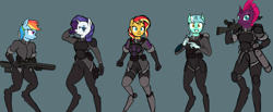 Size: 5810x2399 | Tagged: safe, artist:thehuskylord, edit, lyra heartstrings, rainbow dash, rarity, sunset shimmer, tempest shadow, anthro, unguligrade anthro, ammo pouch, armor, clothes, equipment, gauss rifle, gun, knee pads, lidded eyes, prosthetics, pulled up sleeve, railgun, science fiction, shotgun, simple background, smiling, uniform, weapon