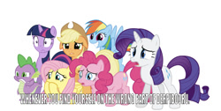 Size: 750x379 | Tagged: safe, derpibooru import, editor:undeadponysoldier, screencap, applejack, fluttershy, pinkie pie, rainbow dash, rarity, spike, twilight sparkle, dragon, earth pony, pegasus, pony, unicorn, derpibooru, disturbed, female, male, mane seven, mane six, mare, meme, meta, one of these things is not like the others, smiling