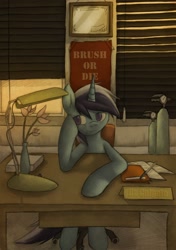 Size: 1058x1500 | Tagged: dead source, safe, artist:lonelycross, minuette, bored, dentist, dentist's office, doctor, name tag, office
