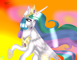 Size: 1041x810 | Tagged: safe, artist:lunafazbear201x, princess celestia, alicorn, pony, crown, jewelry, peytral, rearing, regalia, simple background, solo