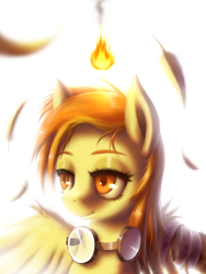 Size: 1280x1706 | Tagged: safe, artist:swaetshrit, derpibooru import, spitfire, feather, fire, goggles, solo, spitfiery