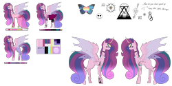 Size: 9921x4960 | Tagged: safe, artist:moonlight0shadow0, oc, oc only, oc:lovebug (ice1517), changepony, hybrid, absurd resolution, boots, bracelet, choker, clothes, crown, dress, ear piercing, earring, female, heart, hoodie, hoof shoes, horn, horn ring, icey-verse, interspecies offspring, jeans, jewelry, leggings, magical lesbian spawn, mare, multicolored hair, necklace, offspring, pants, parent:princess cadance, parent:queen chrysalis, parents:cadalis, piercing, reference sheet, regalia, shirt, shoes, simple background, skirt, socks, solo, stockings, striped socks, t-shirt, tattoo, thigh highs, transparent background, wristband