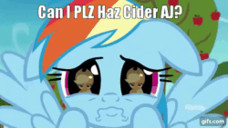 Size: 640x360 | Tagged: safe, derpibooru import, edit, edited screencap, screencap, applejack, rainbow dash, earth pony, pegasus, pony, grannies gone wild, animated, apple tree, applejack is not amused, begging, caption, close-up, cute, daaaaaaaaaaaw, dashabetes, dashie can't get cider, discovery family logo, eye reflection, female, floppy ears, flying, gif, gifs.com, hnnng, image macro, mare, puppy dog eyes, rainbow dash is best facemaker, reflection, sad, sadorable, text, tree, unamused, wavy mouth, weapons-grade cute, wings