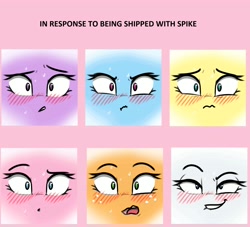 Size: 3936x3568 | Tagged: safe, artist:captainpudgemuffin, derpibooru import, edit, applejack, fluttershy, pinkie pie, rainbow dash, rarity, twilight sparkle, earth pony, pegasus, pony, unicorn, blushing, dreamworks face, female, freckles, implied shipping, implied sparity, implied spike, implied straight, mane six, shipping, smiling, varying degrees of want