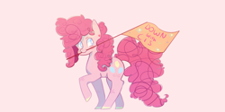 Size: 1280x639 | Tagged: safe, artist:bukaa-a, pinkie pie, earth pony, pony, cis, cisphobia, feminist ponies, flag, mouthpiece, simple background, solo, subversive kawaii