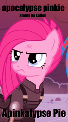 Size: 601x1078 | Tagged: safe, screencap, pinkie pie, earth pony, pony, the cutie re-mark, alternate hairstyle, apinkalypse pie, caption, crystal war timeline, pinkamena diane pie, solo, text