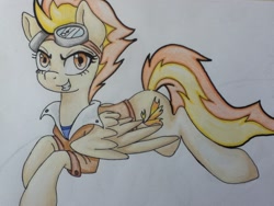 Size: 960x720 | Tagged: safe, artist:deadliestvenom, derpibooru import, spitfire, clothes, goggles, grin, solo, traditional art