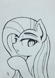 Size: 1132x1608 | Tagged: safe, artist:marmorexx, fluttershy, pegasus, pony, bust, monochrome, portrait, solo