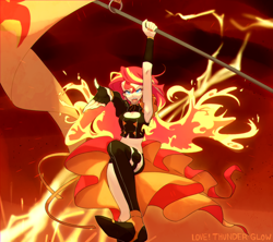 Size: 1500x1333 | Tagged: safe, artist:kkmrarar, sunset shimmer, equestria girls, armpits, clothes, female, fiery shimmer, flag, macross, macross delta, robotech, solo, staff