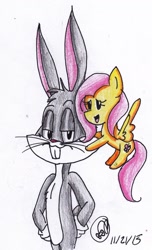 Size: 1024x1689 | Tagged: safe, artist:yoshiyoshi700, fluttershy, pegasus, pony, bugs bunny, chibi, crossover, looney tunes, traditional art