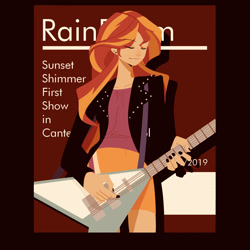 Size: 1600x1600 | Tagged: safe, artist:mirrorangr, sunset shimmer, equestria girls, rainbow rocks, black nail polish, ear piercing, electric guitar, eyes closed, female, flying v, guitar, magazine, musical instrument, nail polish, piercing, pixiv, solo, sunset shredder