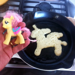 Size: 600x600 | Tagged: safe, fluttershy, brushable, close enough, food, food art, i'm pancake, irl, pancakes, photo, stove, toy