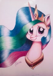 Size: 1470x2115 | Tagged: safe, artist:retromirage, princess celestia, alicorn, pony, bust, crown, female, jewelry, looking at you, mare, peytral, portrait, regalia, simple background, solo, traditional art, white background