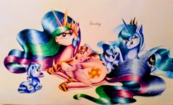 Size: 2475x1506 | Tagged: safe, artist:retromirage, princess celestia, princess luna, oc, alicorn, pony, crown, female, jewelry, mare, peytral, prone, regalia, traditional art