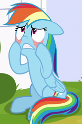 Size: 456x686 | Tagged: safe, derpibooru import, screencap, rainbow dash, pegasus, pony, sparkle's seven, cropped, eyelid pull, female, floppy ears, mare, sitting, solo