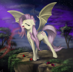 Size: 1943x1916 | Tagged: safe, artist:vinicius040598, fluttershy, bat pony, pony, apple, apple tree, eyes closed, flutterbat, food, night, solo, spread wings