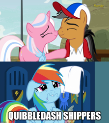 Size: 888x999 | Tagged: safe, derpibooru import, edit, edited screencap, screencap, clear sky, quibble pants, rainbow dash, earth pony, pegasus, pony, unicorn, common ground, parental glideance, caption, crying, discovery family logo, eyes closed, female, image macro, male, mare, neckerchief, nose wrinkle, nuzzling, shipping denied, stallion, text