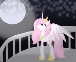 Size: 1408x1168 | Tagged: safe, artist:drekisaga, princess celestia, alicorn, pony, balcony, crown, female, jewelry, looking up, mare, moon, night, peytral, pink-mane celestia, regalia, solo, younger