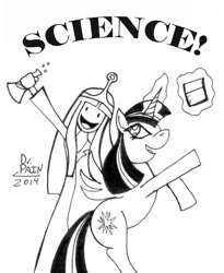 Size: 573x700 | Tagged: safe, artist:drpain, derpibooru import, twilight sparkle, twilight sparkle (alicorn), alicorn, pony, adventure time, crossover, female, mare, monochrome, princess bubblegum, science, that pony sure does love science