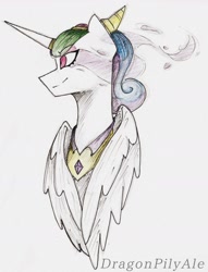 Size: 1241x1621 | Tagged: safe, artist:dragonpilyale, princess celestia, alicorn, pony, dark mirror universe, evil celestia, female, jewelry, mare, mirror universe, peytral, simple background, smiling, solo, traditional art, white background