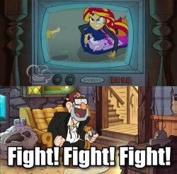 Size: 1440x1409 | Tagged: safe, edit, edited screencap, screencap, sunset shimmer, twilight sparkle, twilight sparkle (alicorn), alicorn, equestria girls, equestria girls (movie), caption, gravity falls, grunkle stan, image macro, meme, text