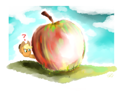 Size: 2465x1799 | Tagged: safe, artist:tat3xd, applejack, earth pony, pony, apple, giant apple, question mark, solo