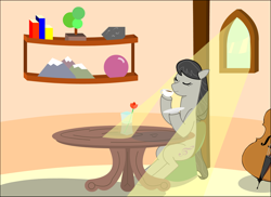 Size: 1852x1349 | Tagged: safe, artist:erthilo, octavia melody, earth pony, pony, cello, chair, musical instrument, sitting, sunshine, tea