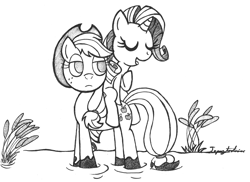 Size: 1174x857 | Tagged: safe, artist:topaztortise, applejack, rarity, earth pony, pony, unicorn, duo, grayscale, monochrome, mud, ponies riding ponies, reed, riding, traditional art, unamused