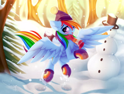 Size: 4722x3599 | Tagged: safe, artist:omi, derpibooru import, rainbow dash, pegasus, pony, art pack:winter warm up, absurd resolution, blushing, clothes, cute, dashabetes, female, happy, one eye closed, scarf, snow, snowman, solo, winter, winter outfit