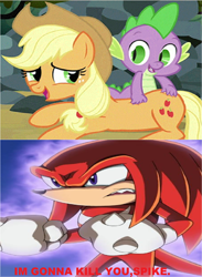 Size: 1276x1740 | Tagged: safe, screencap, applejack, spike, dragon, earth pony, pony, applespike, caption, copy and paste, crossover, female, image macro, knuckles the echidna, male, meme, shipping, sonic the hedgehog (series), straight