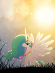 Size: 1080x1414 | Tagged: safe, artist:zidanemina, princess celestia, alicorn, pony, female, mare, petals, sitting, solo, spread wings, sun, wind