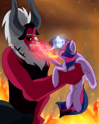 Size: 800x1000 | Tagged: safe, artist:misspolycysticovary, derpibooru import, lord tirek, twilight sparkle, twilight sparkle (alicorn), alicorn, pony, crying, eye contact, female, holding a pony, magic, magic theft, mare, open mouth, running makeup, that centaur sure does love magic, twilight vs tirek