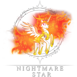 Size: 2796x2798 | Tagged: safe, artist:zidanemina, nightmare star, princess celestia, alicorn, pony, armor, enterplay, female, flying, mane of fire, mare, merchandise, simple background, smiling, solo, trading card game, transparent background