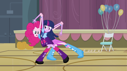 Size: 1280x720 | Tagged: safe, derpibooru import, screencap, pinkie pie, twilight sparkle, equestria girls, backpack, balloon, boots, bracelet, clothes, frown, glare, grabbing, high heel boots, jewelry, skirt, wide eyes