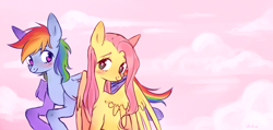 Size: 1700x807 | Tagged: safe, artist:deerdelraya, derpibooru import, fluttershy, rainbow dash, pegasus, pony, blushing, cloud, female, flutterdash, head turn, heart eyes, lesbian, looking at each other, mare, shipping, sky, smiling, spread wings, wingding eyes, wings