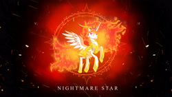 Size: 3840x2160 | Tagged: safe, artist:zidanemina, nightmare star, princess celestia, alicorn, pony, female, flying, mane of fire, mare, solo, wallpaper