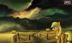 Size: 854x512 | Tagged: safe, artist:ioanntulynkin, applejack, earth pony, pony, hatless, missing accessory, solo, storm