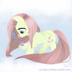 Size: 1024x1024 | Tagged: safe, artist:skittlz1212, fluttershy, butterfly, pegasus, pony, folded wings, insect on nose, looking at something, looking down, profile, raised hoof, solo