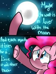 Size: 1600x2100 | Tagged: safe, artist:artypaints, pinkie pie, earth pony, pony, female, mare, moon, pink coat, pink mane, solo