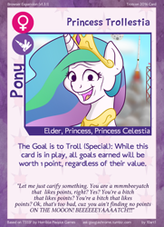 Size: 788x1088 | Tagged: safe, artist:10art1, princess celestia, alicorn, pony, troll, card, female, friendship is magic bitch, icbm, mare, meme, moon, nuclear war, nuclear weapon, solo, this will end in tears and/or death, trollestia, trollface, twilight sparkle's secret shipfic folder, we are all doomed, weapon