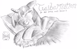 Size: 2045x1312 | Tagged: safe, artist:bhiggo, derpibooru import, twilight sparkle, pony, blanket, cute, eyes closed, floppy ears, fluffy, hibernation, monochrome, on side, pillow, pun, sleeping, smiling, solo, twibernation