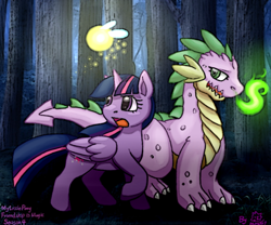 Size: 600x500 | Tagged: safe, artist:ashwolf, derpibooru import, spike, twilight sparkle, twilight sparkle (alicorn), alicorn, dragon, pony, fairy, female, forest, mare, older, older spike, quadrupedal spike