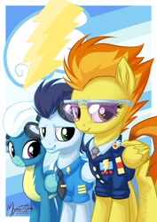 Size: 868x1228 | Tagged: safe, artist:mysticalpha, derpibooru import, fleetfoot, soarin', spitfire, pegasus, pony, clothes, female, glasses, goggles, looking at you, male, mare, necktie, poster, shirt, smiling, stallion, wonderbolts, wonderbolts dress uniform, wonderbolts uniform