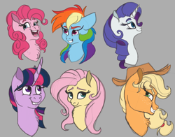 Size: 4900x3850 | Tagged: safe, artist:thebeckmanator, derpibooru import, applejack, fluttershy, pinkie pie, rainbow dash, rarity, twilight sparkle, earth pony, pegasus, pony, unicorn, bust, chest fluff, curved horn, female, gray background, high res, horn, mane six, mare, open mouth, portrait, simple background, smiling