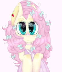 Size: 630x730 | Tagged: safe, artist:princesutrash, fluttershy, pegasus, pony, alternate hairstyle, bandaid, bow, clothes, dress, hair bow, looking at you, simple background, solo