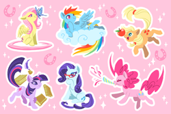 Size: 1200x800 | Tagged: safe, artist:mamath, derpibooru import, applejack, fluttershy, pinkie pie, rainbow dash, rarity, twilight sparkle, unicorn twilight, butterfly, earth pony, pegasus, pony, unicorn, apple, book, butterfly on nose, cloud, end of ponies, female, food, glasses rarity, hat, hatless, horseshoes, inkwell, insect on nose, mane six, mare, missing accessory, on a cloud, party horn, pink background, quill, simple background