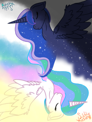 Size: 768x1024 | Tagged: safe, artist:liddieneko, princess celestia, princess luna, alicorn, pony, eyes closed, female, mare, royal sisters, spread wings