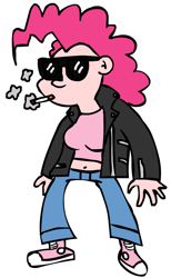 Size: 510x780 | Tagged: safe, artist:pones-by-corwin, pinkie pie, earth pony, pony, belly button, cigarette, clothes, simple background, smoking, solo, sunglasses